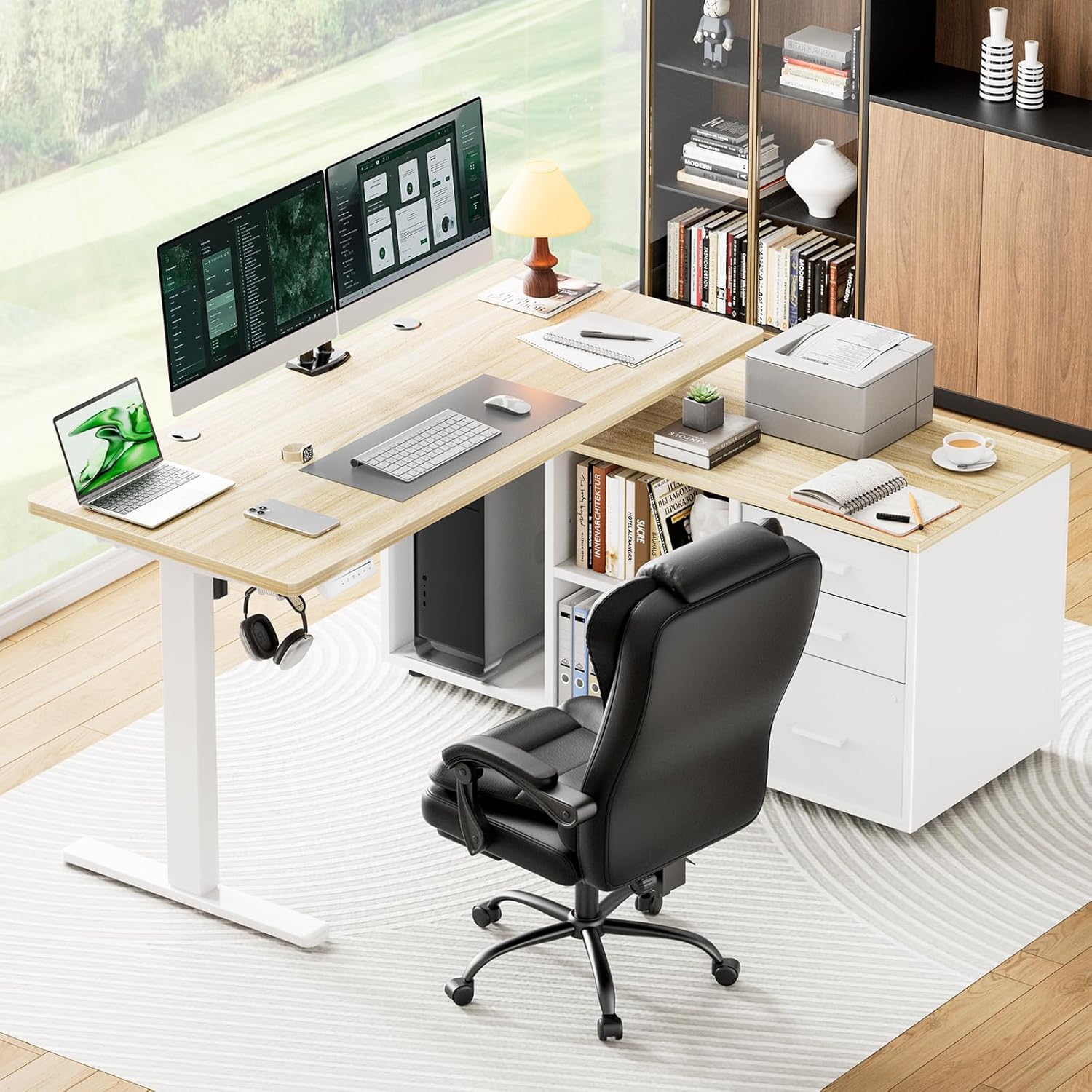 Marsail L-Shaped Executive Standing Desk with File Cabinet, 55