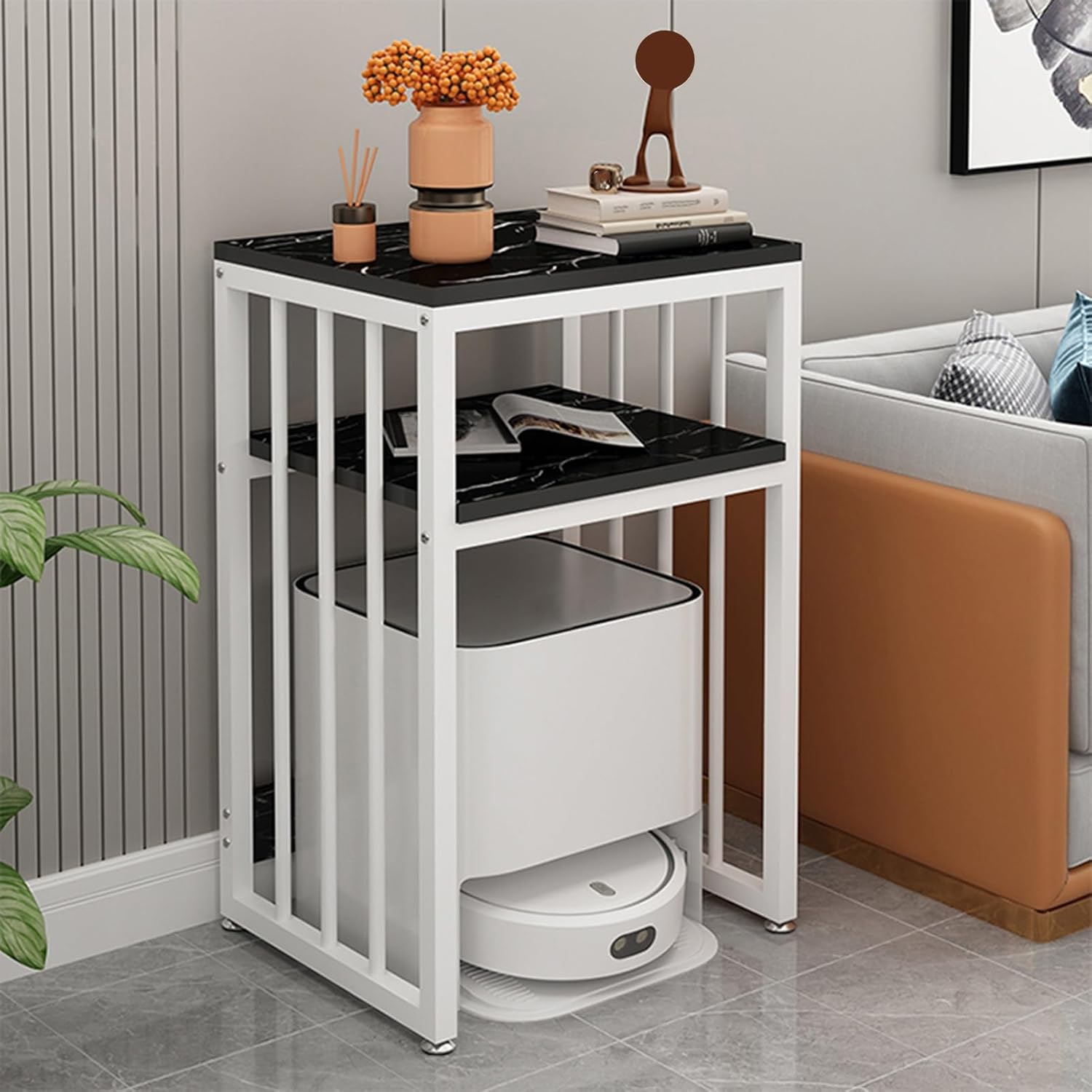 Dailify 2-Tier Floor-Standing Stand for Sweeping Robot Vacuum, Modern Fish Tank Coffee Side Desk Rack, Living Room Organization Shelf with 4 Wheels(White,Style B)