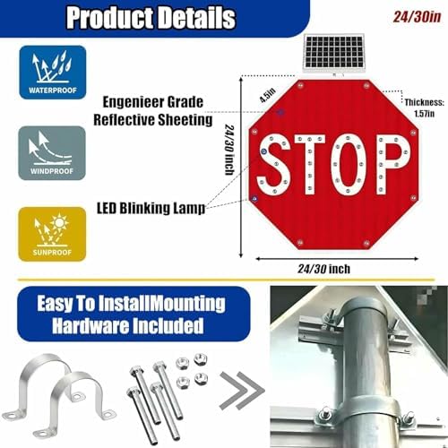 Solar-Powered LED Stop Sign - Octagonal Aluminum Traffic Sign with Reflective Film, Weather-Resistant, Eco-Friendly, Enhanced Road Safety Alert for Drivers