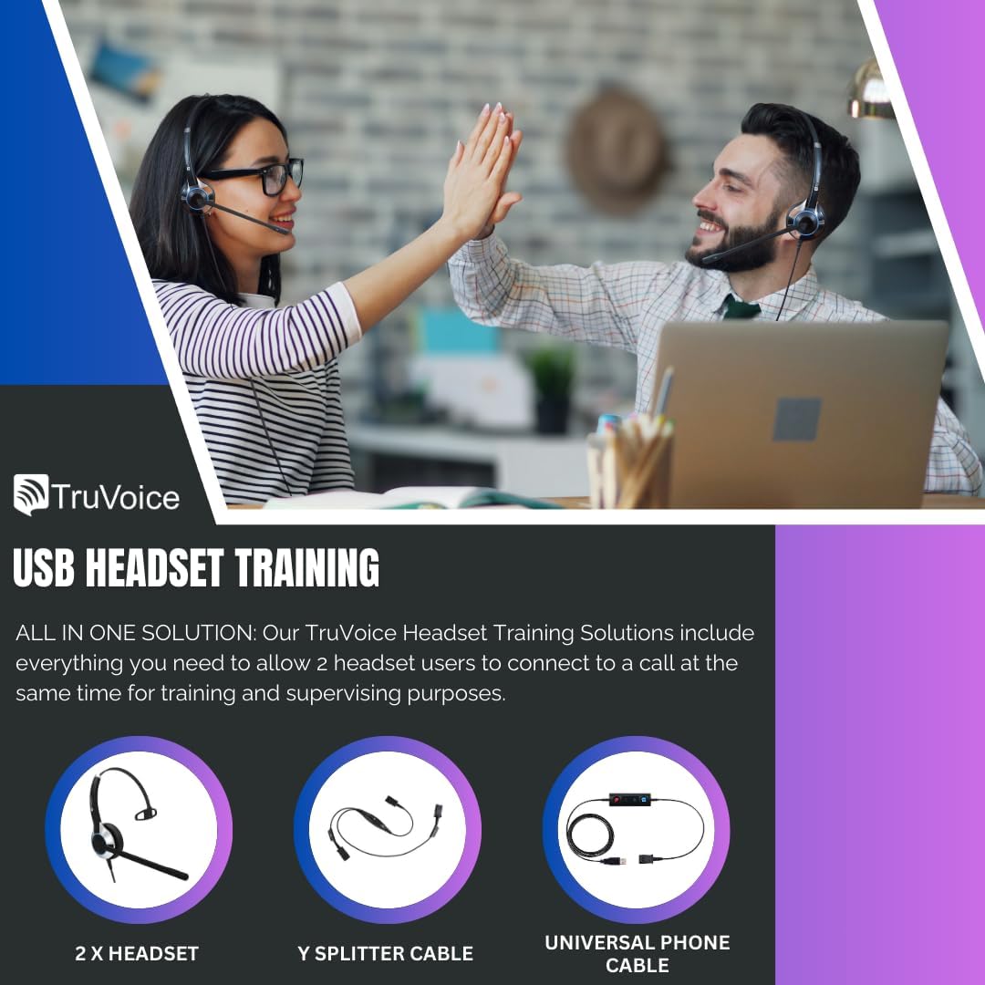 TruVoice Computer Headset Bundle for Training | Monitoring | Supervising : Includes 2 x HD500 Headset with NC Microphone, Training Splitter Y Cable and USB Adapter Compatible with PC and Softphones.