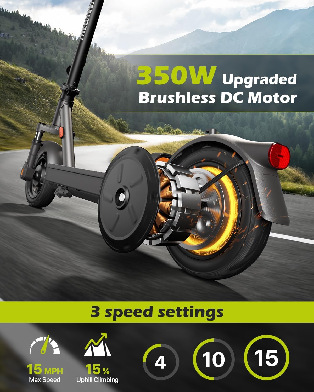 MEGAWHEELS Electric Scooter,Electric Scooter Adults with Suspension,10in Pneumatic Tires,350W Motor,19 Miles Long Range,15.5 Mph,E Scooter with Smart APP Control for Commuting, Outdoor, Short Travel