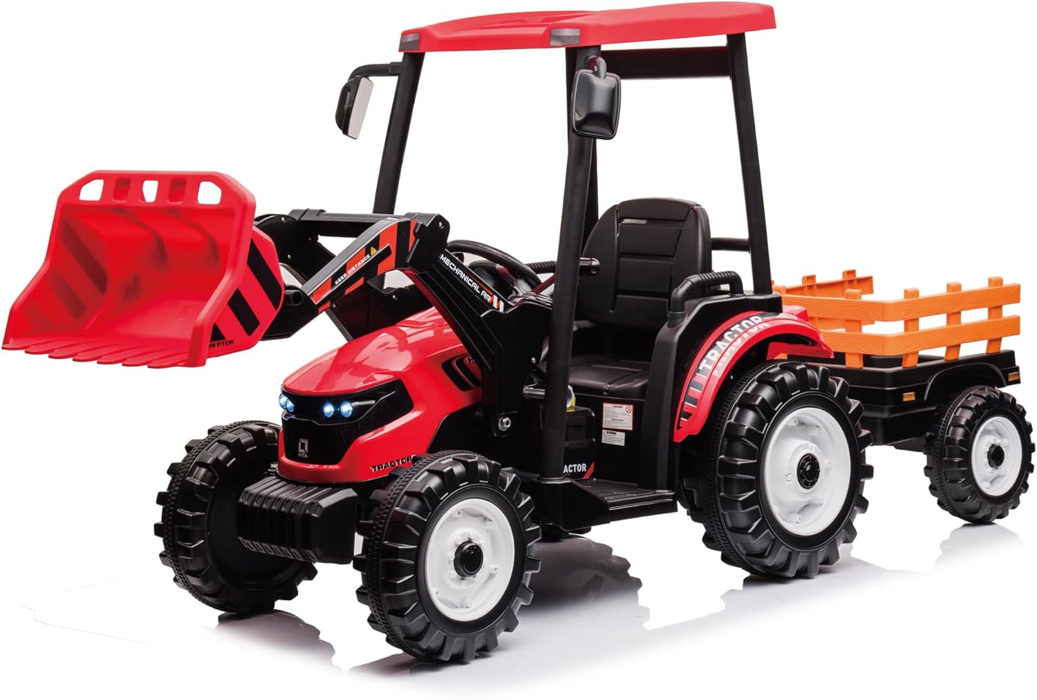 24V Kids Ride On Tractor w/Remote Control, 3IN1 Riding Tractor w/Trailer&Front Loader, Power Wheels 24V Ride on Toys for Boys Girls, Kids Ride on Excavator Toy (Red Tractor with Trailer&Front Loader)
