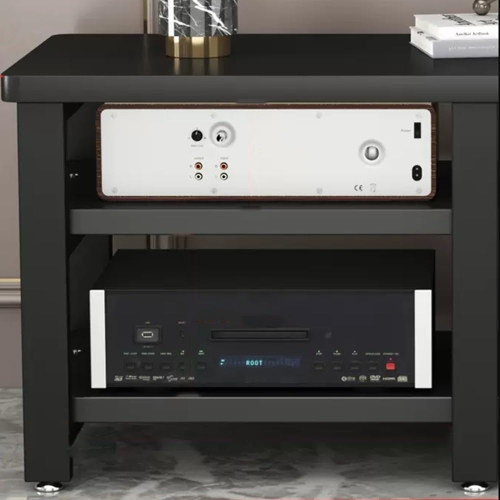NILZA AV Rack Stereo Cabinet Audio Stand 3 Tier Media Storage Cabinet Small Media Stand Wood Audio Tower Open Record Player Cabinet Metal Frame Audio Component Cabinet(Black