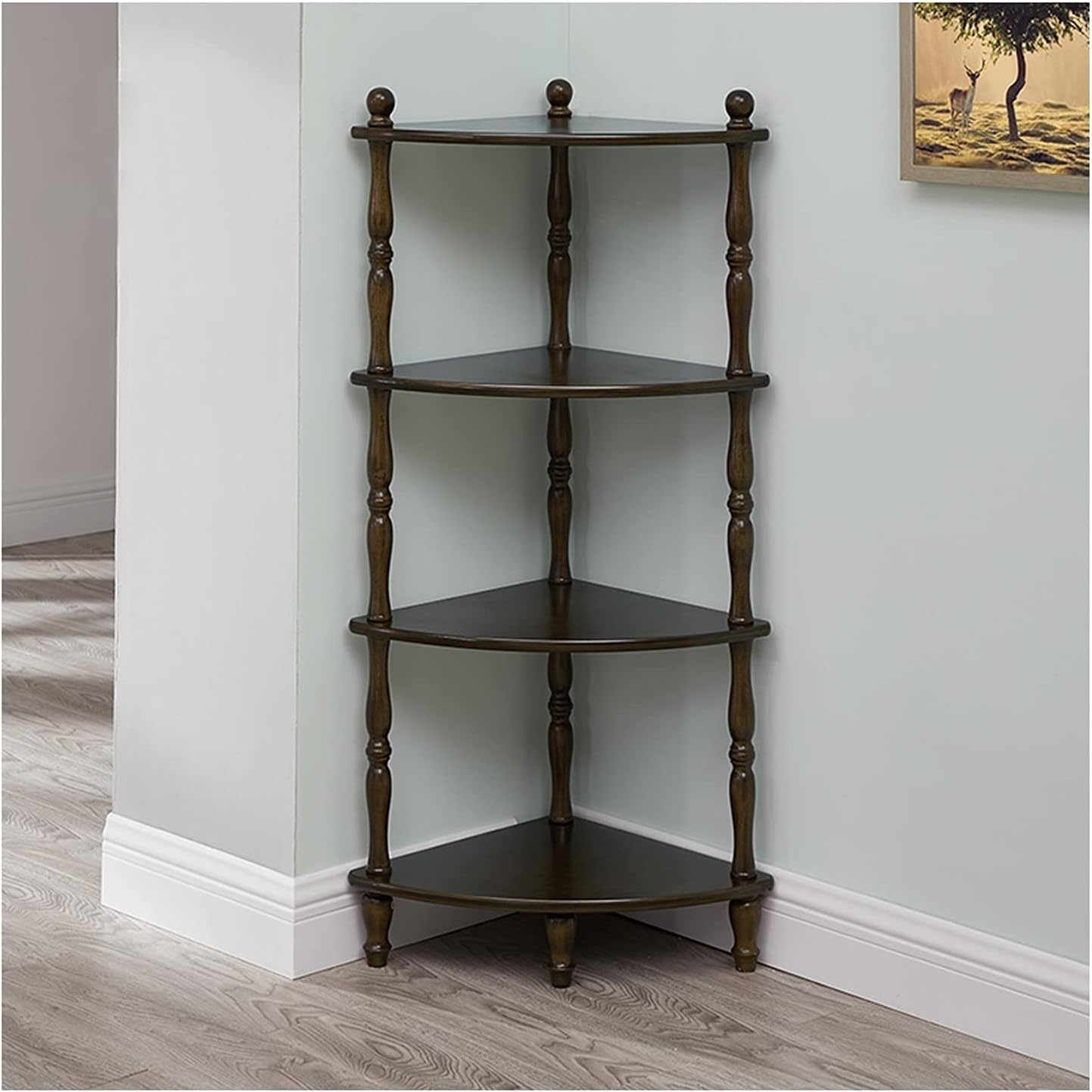 NERDOH Book Shelf Organizer Retro Design 4-Shelf Corner Bookcase Rubber Wood Corner Storage Rack Shelves Display Plant Flower, Stand Bookshelf for Home, Office, Kitchen - Rustic Brown Bookshelf
