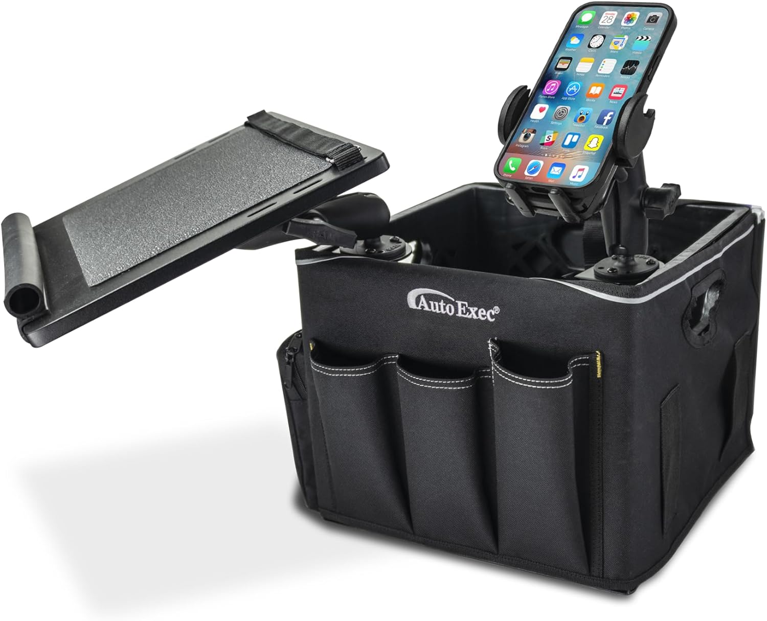 AutoExec Milk Crate Vehicle and Mobile Office Work Station with Apron Organizer, Laptop Tray, 400 watt Power Inverter and Phone Mount