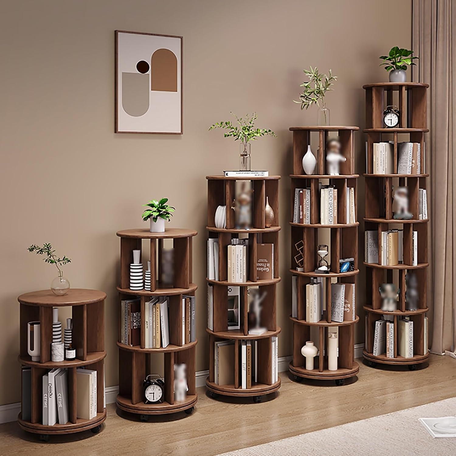 Tall Skinny Bookshelf, Bookcase on Wheels, Corner Display Shelves, Wooden Rotating Bookcase Shelves Floor Freestanding for Living Room Corner, for Home Office Decor (Color : Walnut color, Size : 6 l