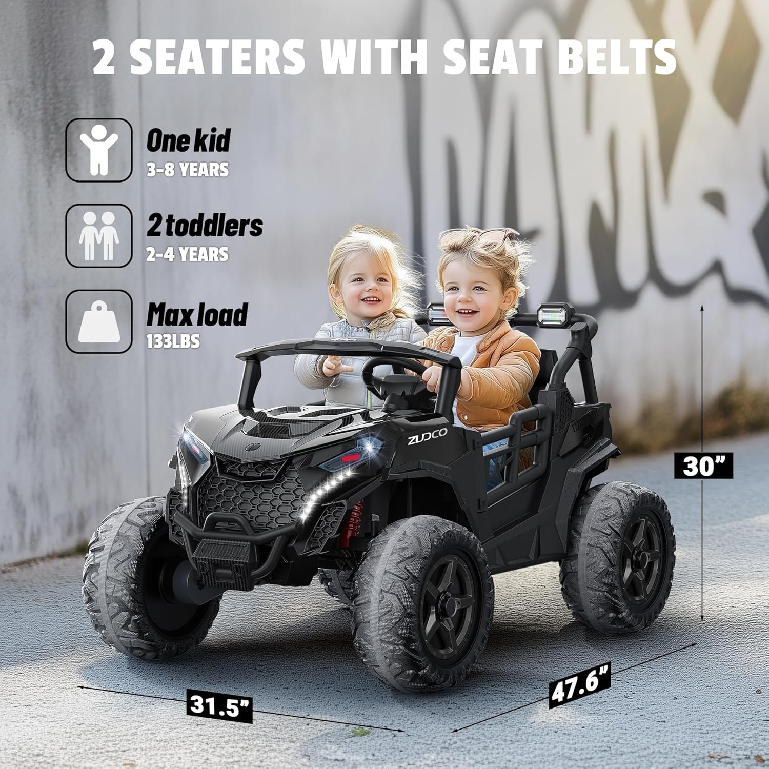 24V 2 Seater Ride on Car Truck 4x200W, EVA Tires, 4WD/2WD, Rainbow Lights, Remote Control, Shock Absorbers, Bluetooth, Ride on Toy for Big Kids Ages 3-8, Black