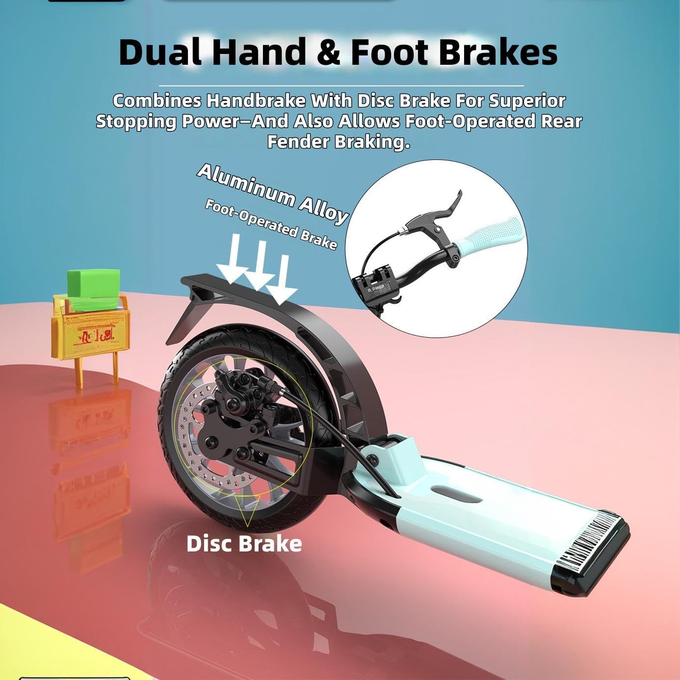 Big Wheels Kick Scooter, Folding Scooter for Ages 6, Lightweight Foldable Design, Adjustable Handlebars, Shock Absorption (Black, L105xW14.5cm, H:86-113cm)