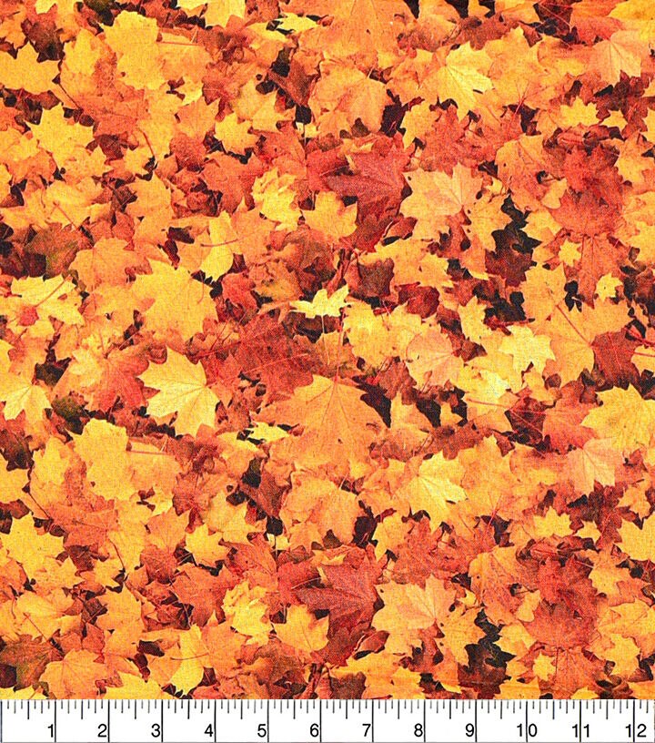 Fall Orange Realistic Leaves Cotton Fabric