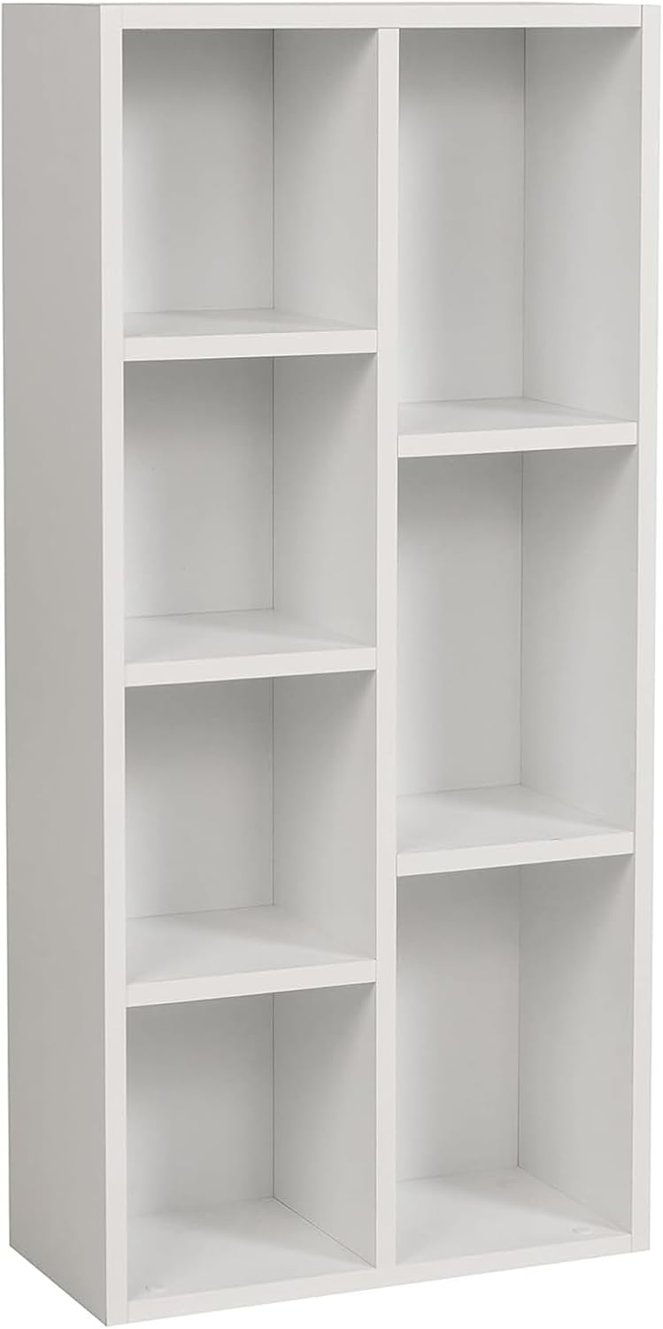 furni24 Bookcase with 7 Compartments, Wooden Shelf, Cube Shelf, Storage Shelf, White, 49.5 x 24 x 106 H