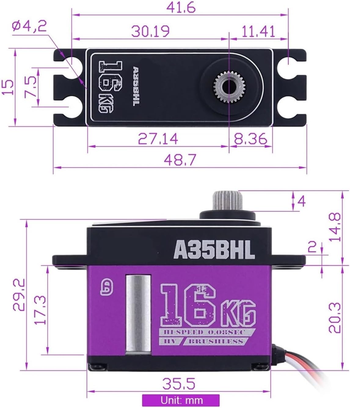 A35BHL Programmable Brushless 16KG 0.08Sec HV Metal Gear Mini Digital Servo(Combo Set)