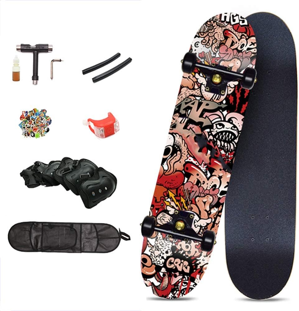 Skateboards 31 x 8 inch Complete Skateboard for Beginners 7 Layer Canadian Maple Double Kick Deck Concave Cruiser Trick Skateboard for Kids and Adults with All-in-One Skate T-Tool (A)