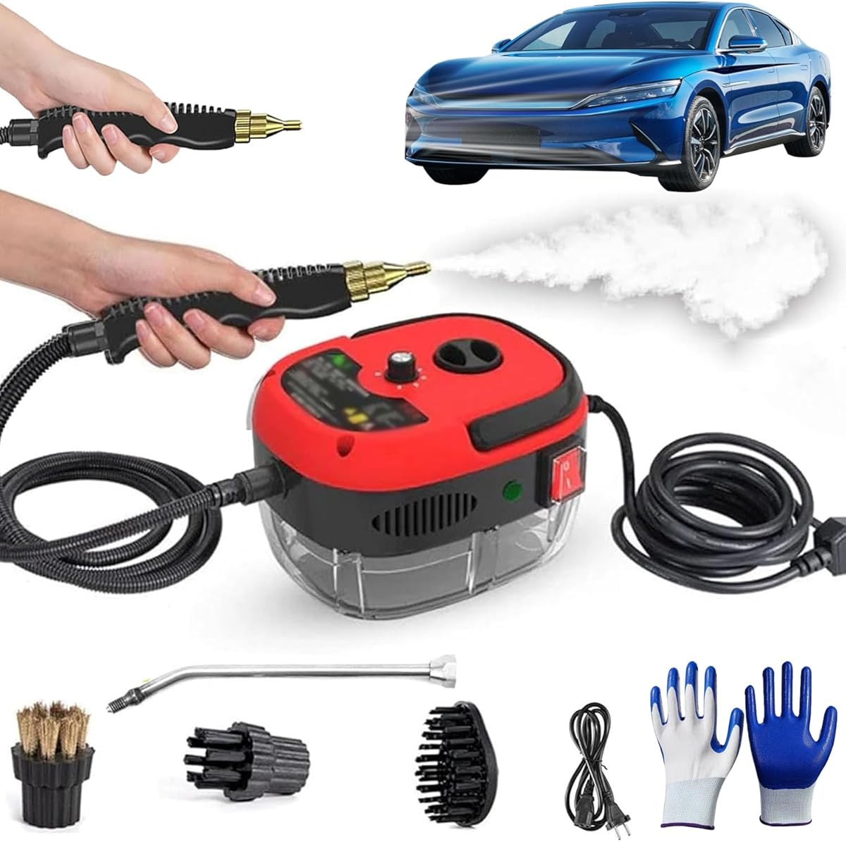 Car Steam Cleaner 2500w High-Temp Portable Machine, Steam Cleaner, 2500w Handheld High-Temperature Pressurized SteamCleaner, With Gloves, For Home, Auto Detailing (Red)