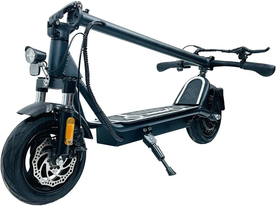 Electric Scooter, Black Metal Foldable Urban Commuter with LED Headlight, 10-Inch Wheels, Disc Brakes, Spring Suspension for Adult Short Distance Travel, 42-Inch Height