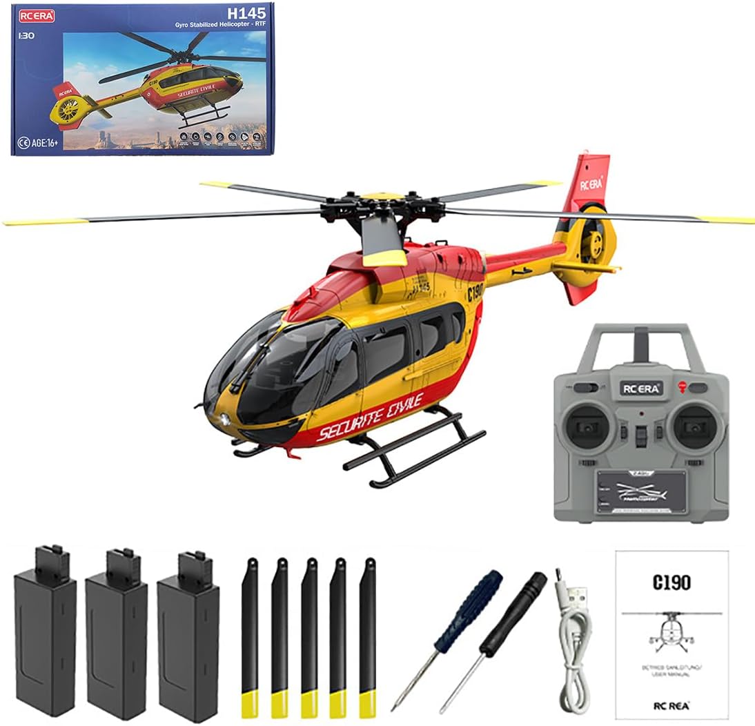 H145 C190 1/30 Scale Remote Control Helicopter for Adults Beginners, 6CH 2.4G H145 6-Axis Gyro 6G RC Helicopter single Rotor No Ailerons Altitude Hover/Optical Flow Positioning - Red Yellow/3 Battery