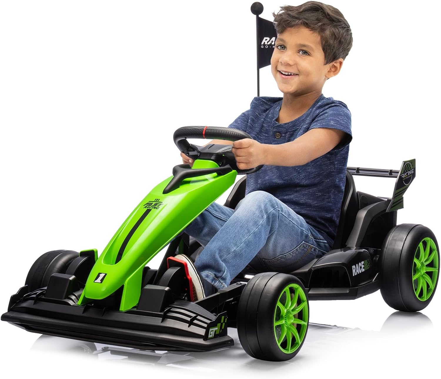 Go Kart Electric Ride on Car，24v Ride on Go Kart for Kids，Drift Kart Car with Adjustable Seat,7.5MPH Fast Drifting Circling, Max Load 135Lbs,Racing Toy for Kids, Green