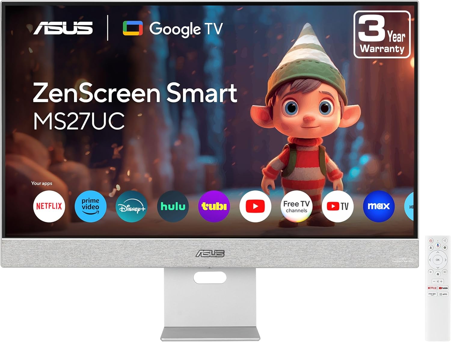 ASUS ZenScreen 27” 4K USB-C Smart Monitor (MS27UC) - UHD (3840 x 2160) IPS, 99% sRGB, GoogleTV, Harman Kardon Speakers, USB-C 90W PD, USB Hub, Wireless Display, Netflix and YouTube, 3 yr Warranty