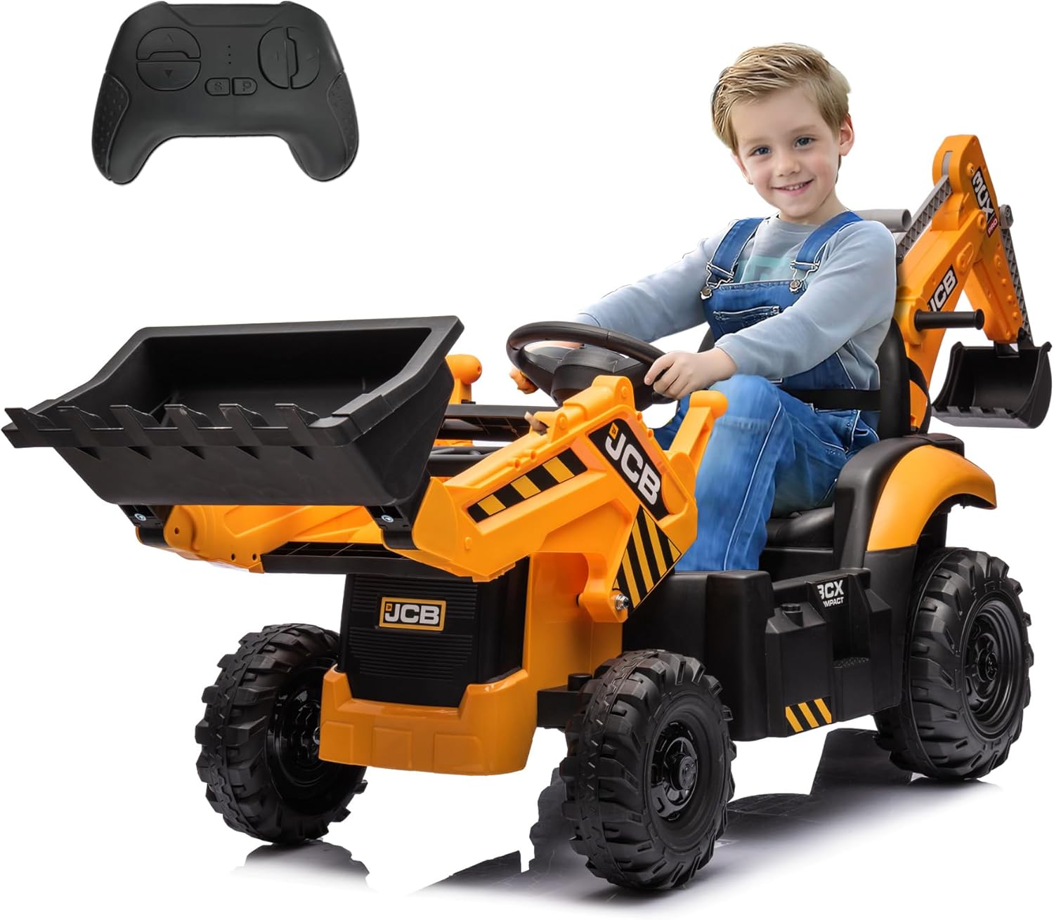 24V JCB 3 in 1 Ride on Tractor Truck, Excavator & Bulldozer with Remote Control, Kids' Electric Vehicles w/Front Loader, Shovel Bucket, Digger, Adjustable Seat, Kids Ride on Car - Yellow