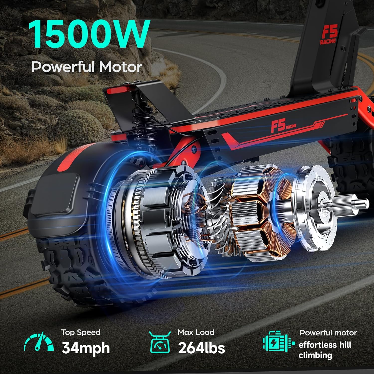 Electric Scooter, 1500W Peak Power Adults Electric Scooter, 34mph, 52V/20ah Battery Scooter with 43 Mile Long Range, 11” Anti-Slip Off-Road Electric Scooter