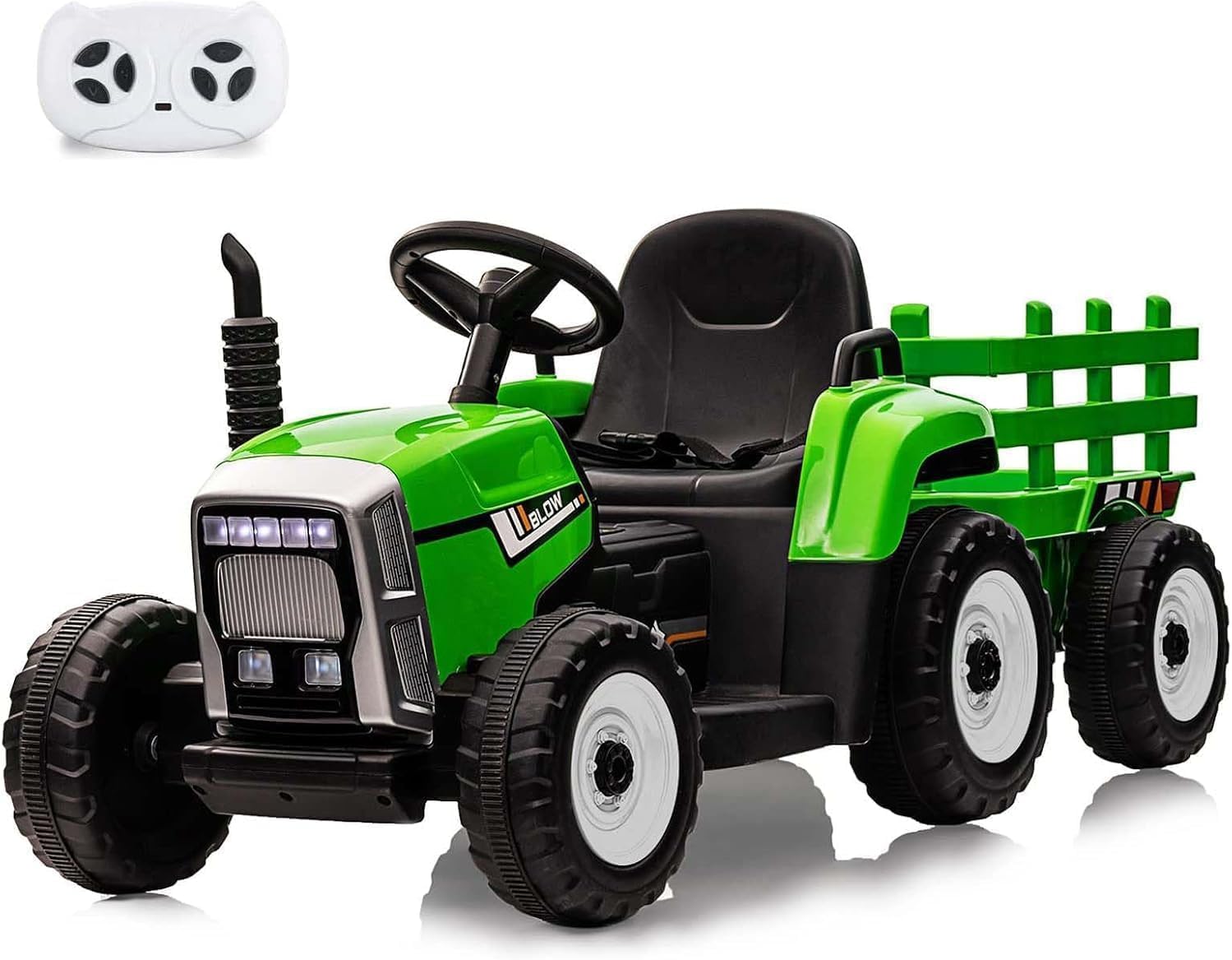 12V Kids Ride On Car with Trailer Battery Powered Electric Tractor Toy with Remote Control, LED Lights, 2+1 Gear Shift, Music, Green