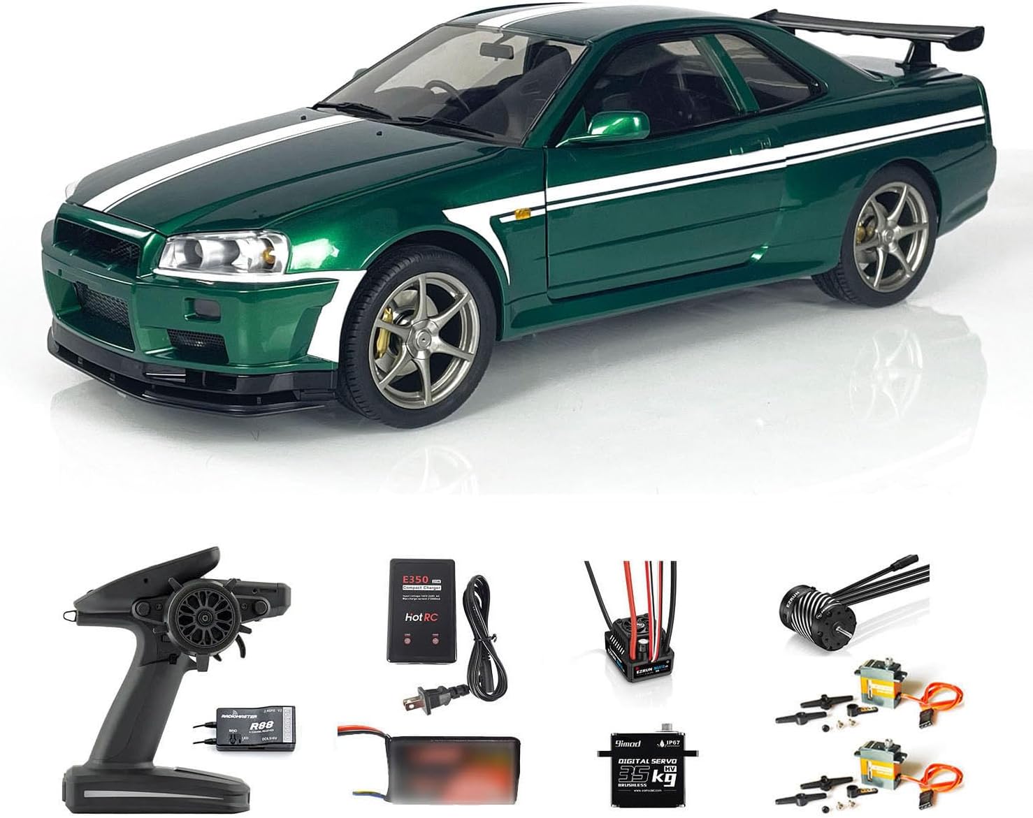 Capo 1/8 4x4 R34 Metal 2-Speed Transmission Remote Control Drift Racing Car RC Cars Brushless Motor Servo ESC Hobby Grade Model for Adult(Gemstone Green and White)