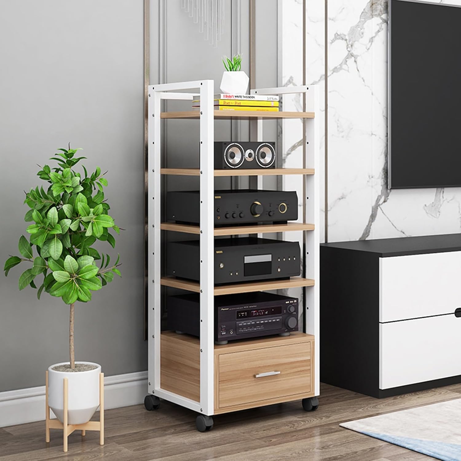 5-Tier Movable Audio Tower AV Media Stand CD Player Stand Stereo Component Storage Cabinet and Open Media Center with Height Adjustable Wooden Shelf and Drawer for Home/Office/Theater (Color : A