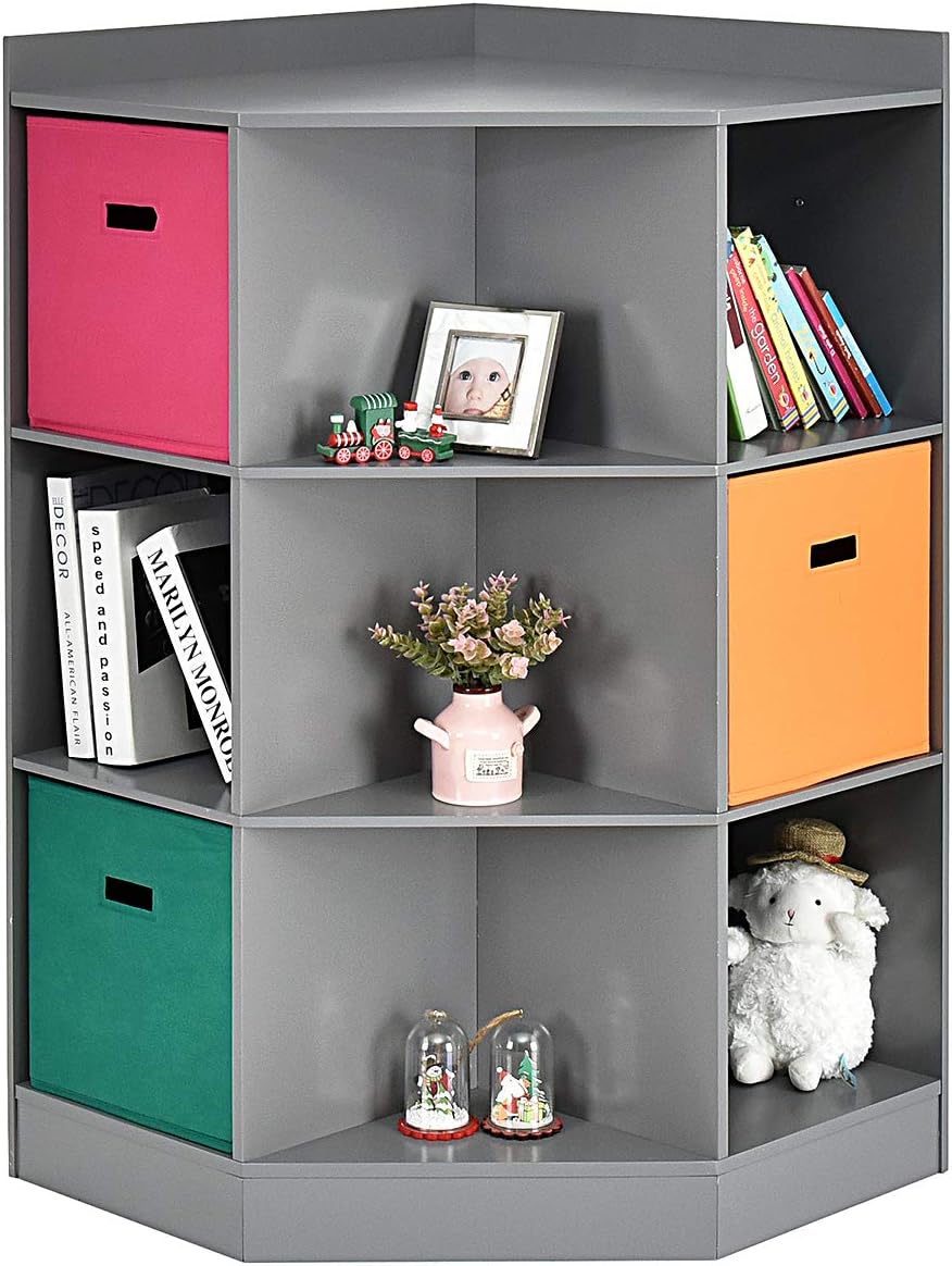 Costzon 9-Cubby Kids Bookcase with Extra Large Storage Baskets, Multi-Bin Children's Organizer Shelf with 6 Cubes and 3 Shelves, Wooden Storage Sideboard Suitable for Playroom, Decor Room (Gray)