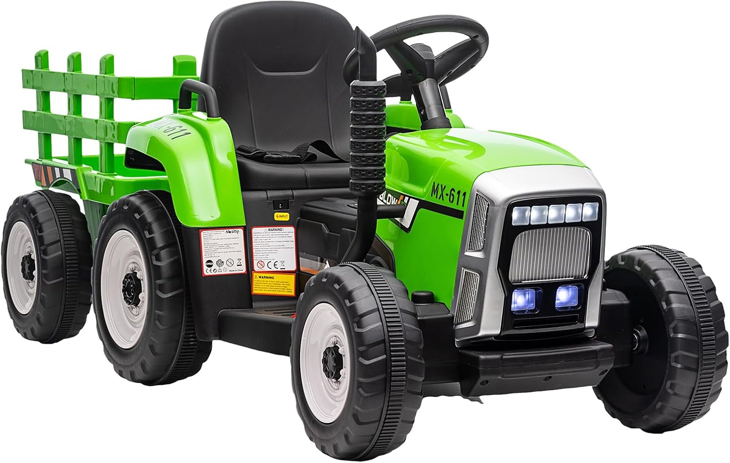 GAOMON Battery Powered Kids Ride on Tractor with Trailer, EVA Treaded Tires, LED Headlights, Remote Control, 2+1 Gear, MP3 & USB Connectivity, Hub Grey Rear Bucket Green