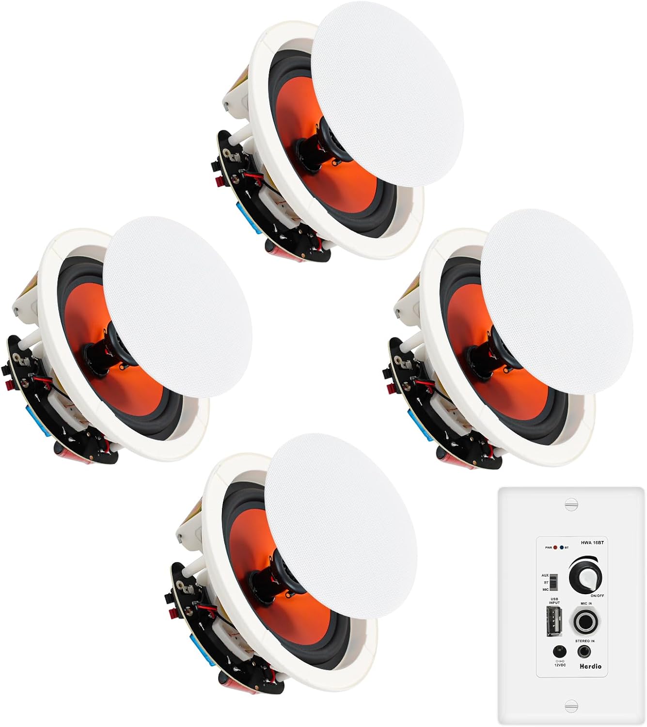 Herdio 8 Inch 800W 2-Way Bluetooth in-Ceiling Speakers - 2 Pairs Flush Mount Speakers with Wall Amplifier Receiver