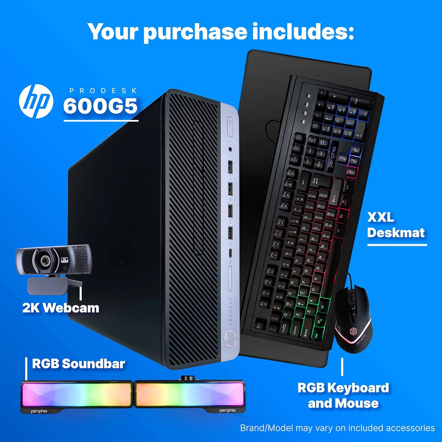 HP ProDesk 600G5 SFF-i5 9th Gen Hexa-Core Processor, 16GB DDR4 RAM, Dual SSD Storage 250GB NVME, 500GB SS, Periphio Gaming RGB Keyboard, Mouse, Speakers, Webcam, Mousepad, Windows 11 Pro (Renewed)