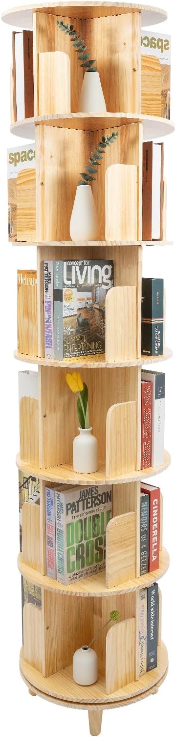 HuaShuani Wooden Rotating Bookshelf, Rotating Bookshelf Tower for Kids, 360° Display 1/2/3/4/5/6 Tier Floor Standing Bookcase Storage Rack (6 Tier)