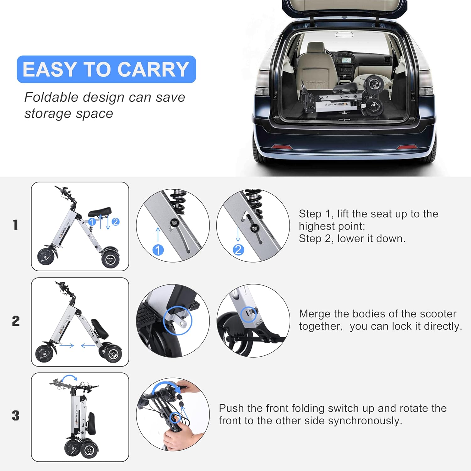 TopMate ES33 Powered Scooter 3 Wheels Foldable Tricycle with Seat for Adults, Lightweight Electric Scooter with Removable 36V 7.8AH Battery, Reverse Function & Key Switch for Commute and Travel