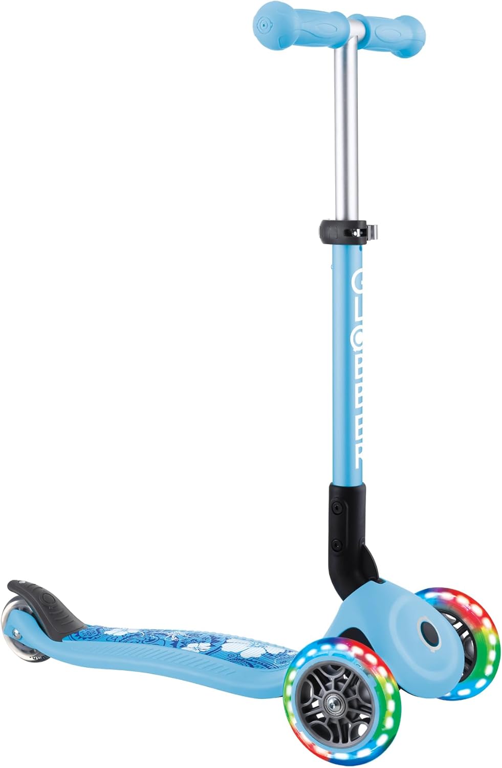 GLOBBER Junior Foldable Fantasy Lights – 120/80 mm ABEC 5 Scooter with 3 Wheels, LED Wheels, Pastel Blue