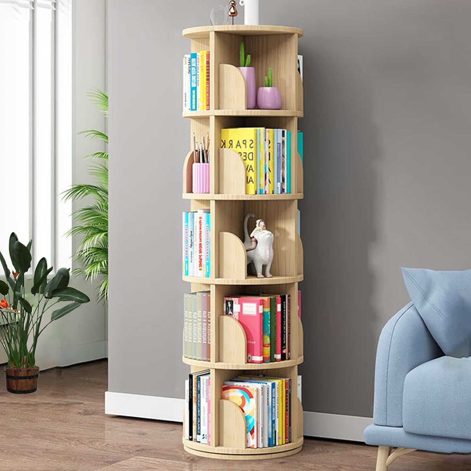 SAYBBON Spinning Bookshelf, Round Bookshelf Rotating, 360° Revolving Bookcase Corner Pine Board Swivel Bookcase, Bookshelves for Office Home Living Room Study (Size : 5-Tier)