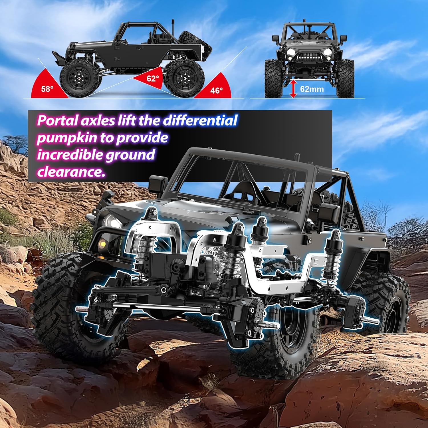 HYPER GO H12Y 1/12 Brushless 4X4 RC Rock Crawlers for Adults, Metal Case Waterproof 4WD Off-Road RC Rock Trucks with Portal Axles, All Terrain RC Cars with 2 Battery