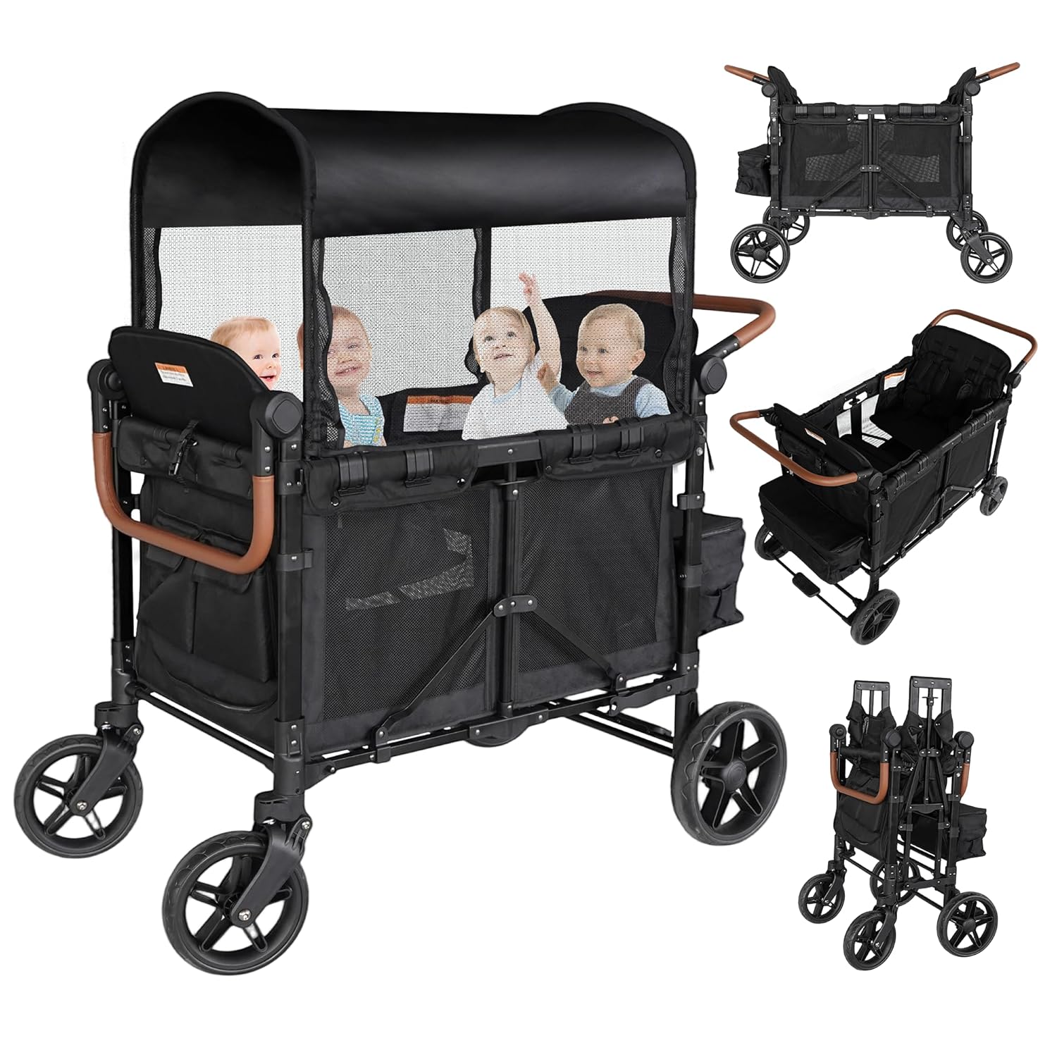 4-Seater Wagon Stroller for 4 Kids, Collapsible Push-Pull Stroller with Adjustable Handle, Removable Canopy & Safety Harness, 330LBS Capacity, All-Terrain for Camping & Outdoor Adventures