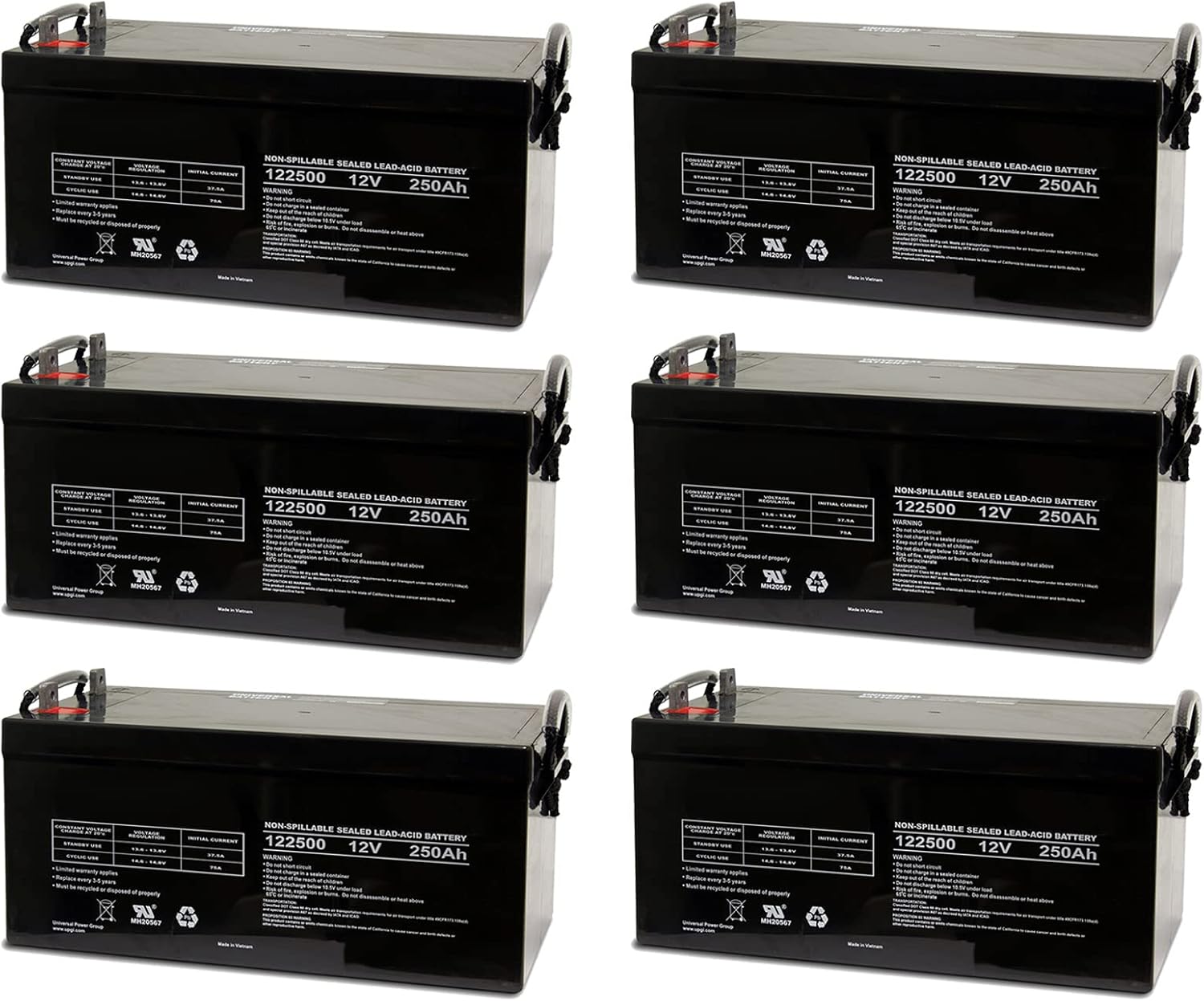 Exell Battery (6-PACK) 12V 250Ah 8D AGM Battery for Watercrafts Solar Power Storage Medical Mobility Snowmobiles Access Control Devices Security UPS Systems Mobility Products Wheelchairs & Scooters