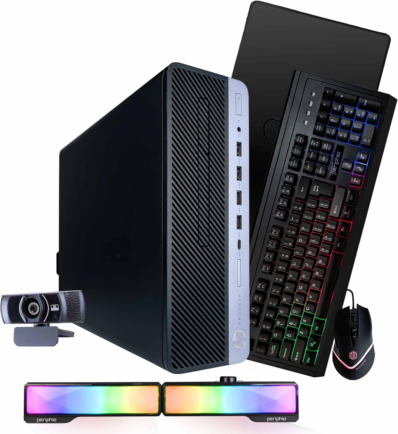 HP ProDesk 600G5 SFF-i5 9th Gen Hexa-Core Processor, 16GB DDR4 RAM, Dual SSD Storage 250GB NVME, 500GB SS, Periphio Gaming RGB Keyboard, Mouse, Speakers, Webcam, Mousepad, Windows 11 Pro (Renewed)