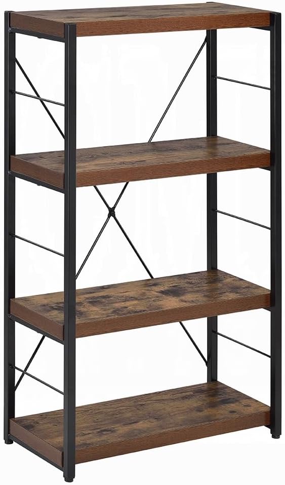 WZONICE98 4-Tier Bookshelf with X-Shaped Back Support for Office Industrial Standing Shelf Units 500lb Weight Capacity Book Shelf Black Metal Frame Wooden Shelves for Living Room Library Under Window