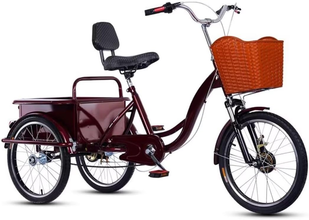 Elderly Pedal Bicycle Rickshaw Scooter trikes,Passenger and Cargo Dual-use Tricycle,Tricycle with Large Rear Cabin,max Bearing 100kg (Wine red B Shock Absorb Fork)