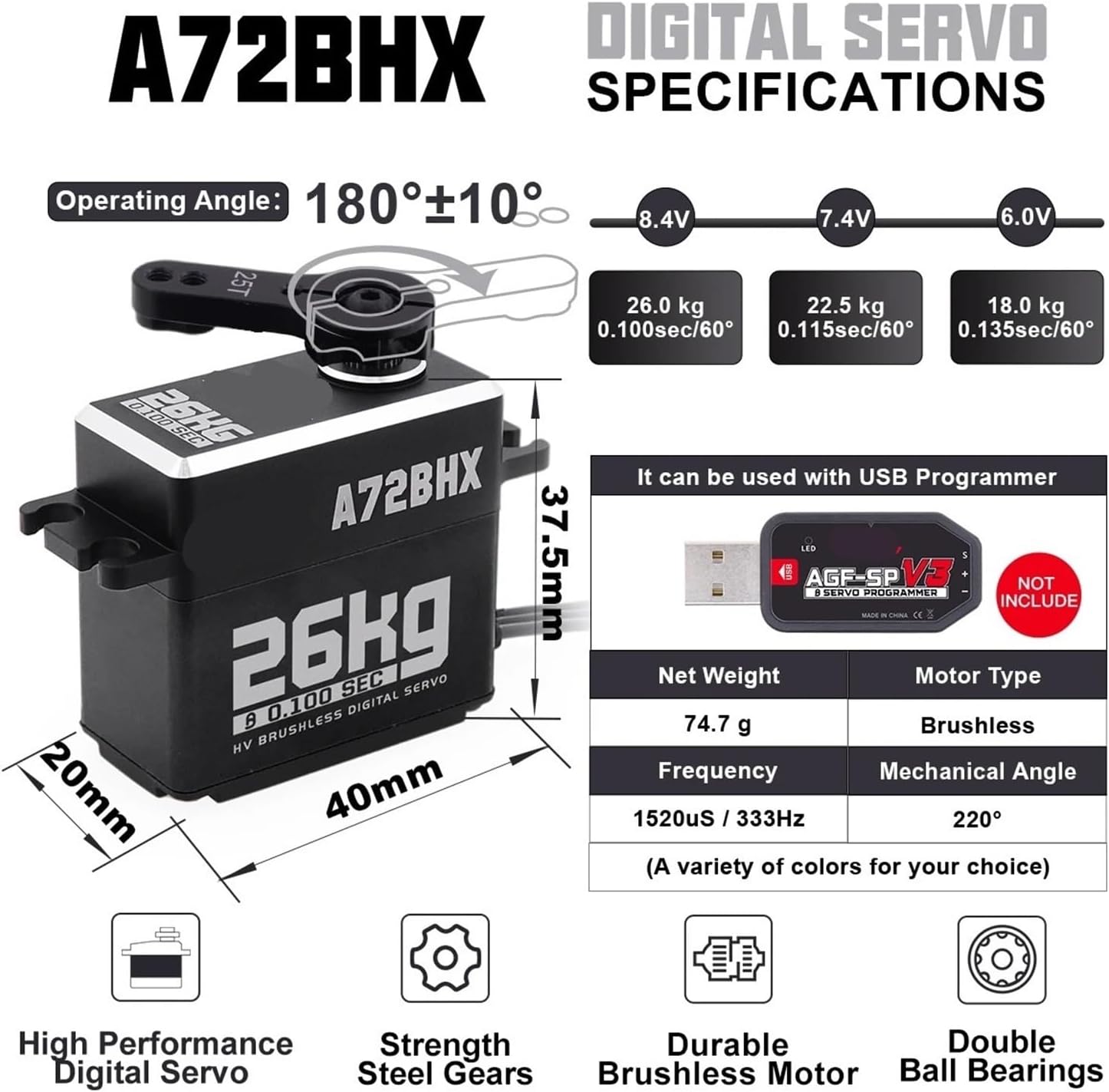 2 Pcs A72BHX 26KG High Torque High Speed ​​High Voltage Brushless Metal Gear Digital Steering Servo Motor for 1/10(Iron Gray)