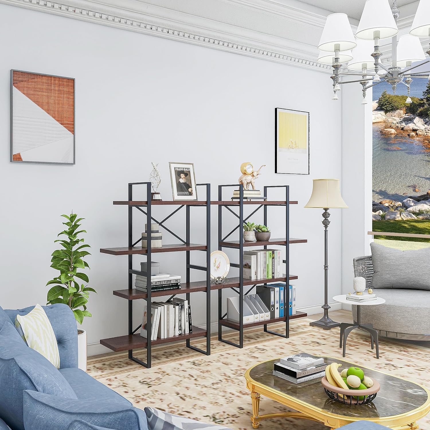 DAVEE Large Double bookcases with 8 antigue Wood Shelves for Living Room - 82.68x11.34x56.69 inches