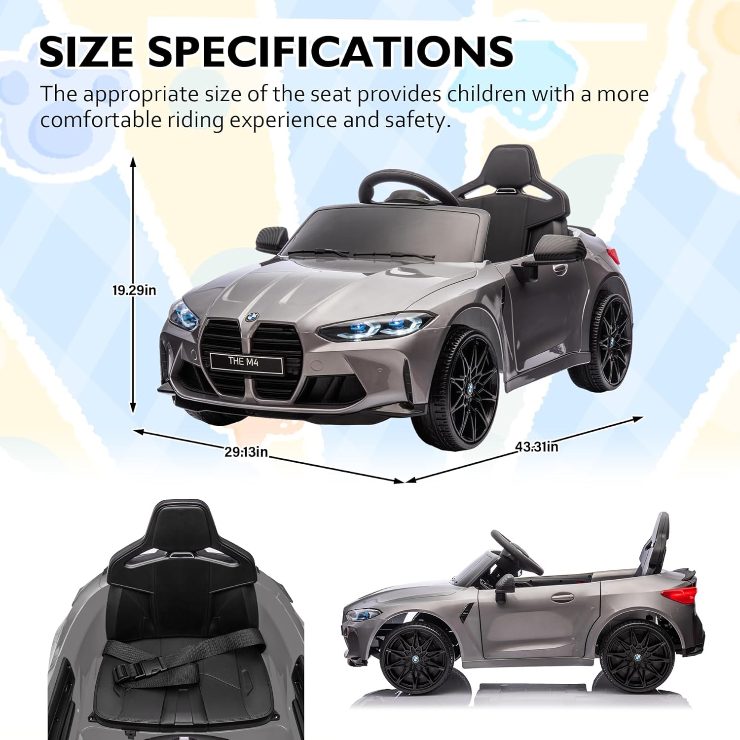 12v Kids Ride on Toy Car Authorized by BMW M4, Kids Electric Car W/Parents Remote Control (Silver, 24V)