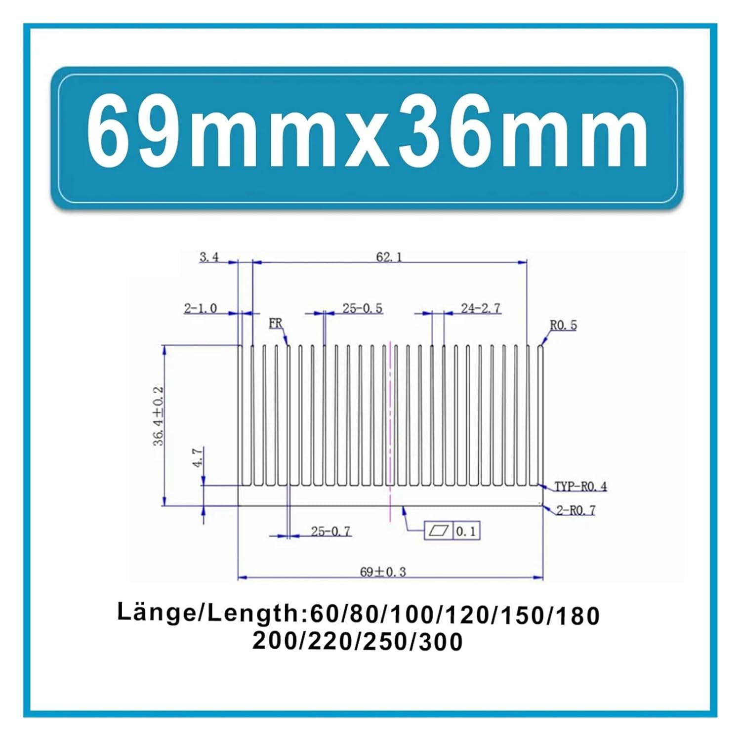 DIY Cooler Aluminum Heatsink Grille Shape Radiator Heat Sink Chip for IC LED Power Transistor Without Adhesive Backing(69 x 36mm,Length 300mm)