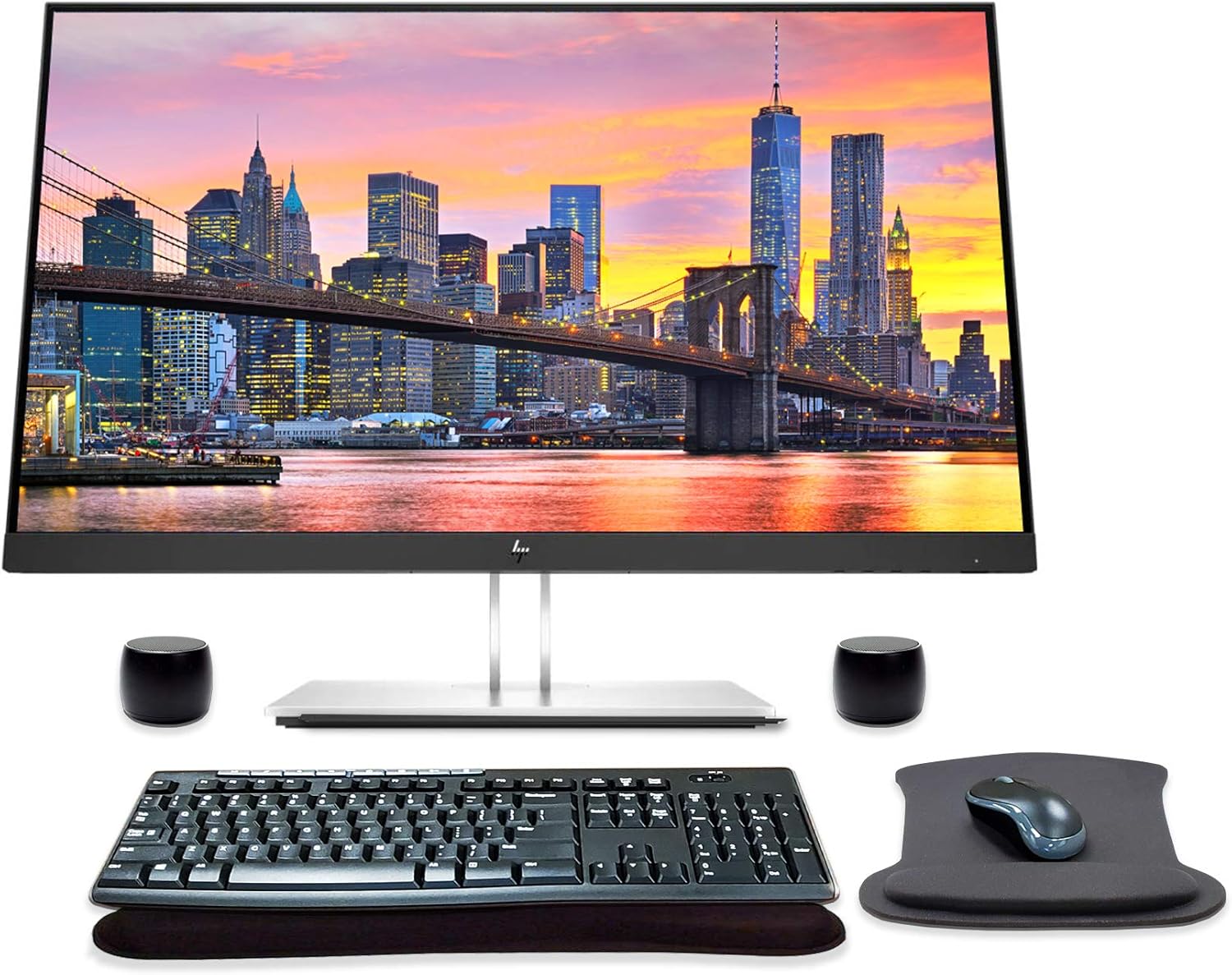 HP EliteDisplay E24q G4 24 Inch QHD IPS Office Monitor Bundle with HDMI, Blue Light Filter, Bluetooth Magnetic Pro Travel Friendly Speakers, MK270 Wireless Keyboard and Mouse, Gel Pads
