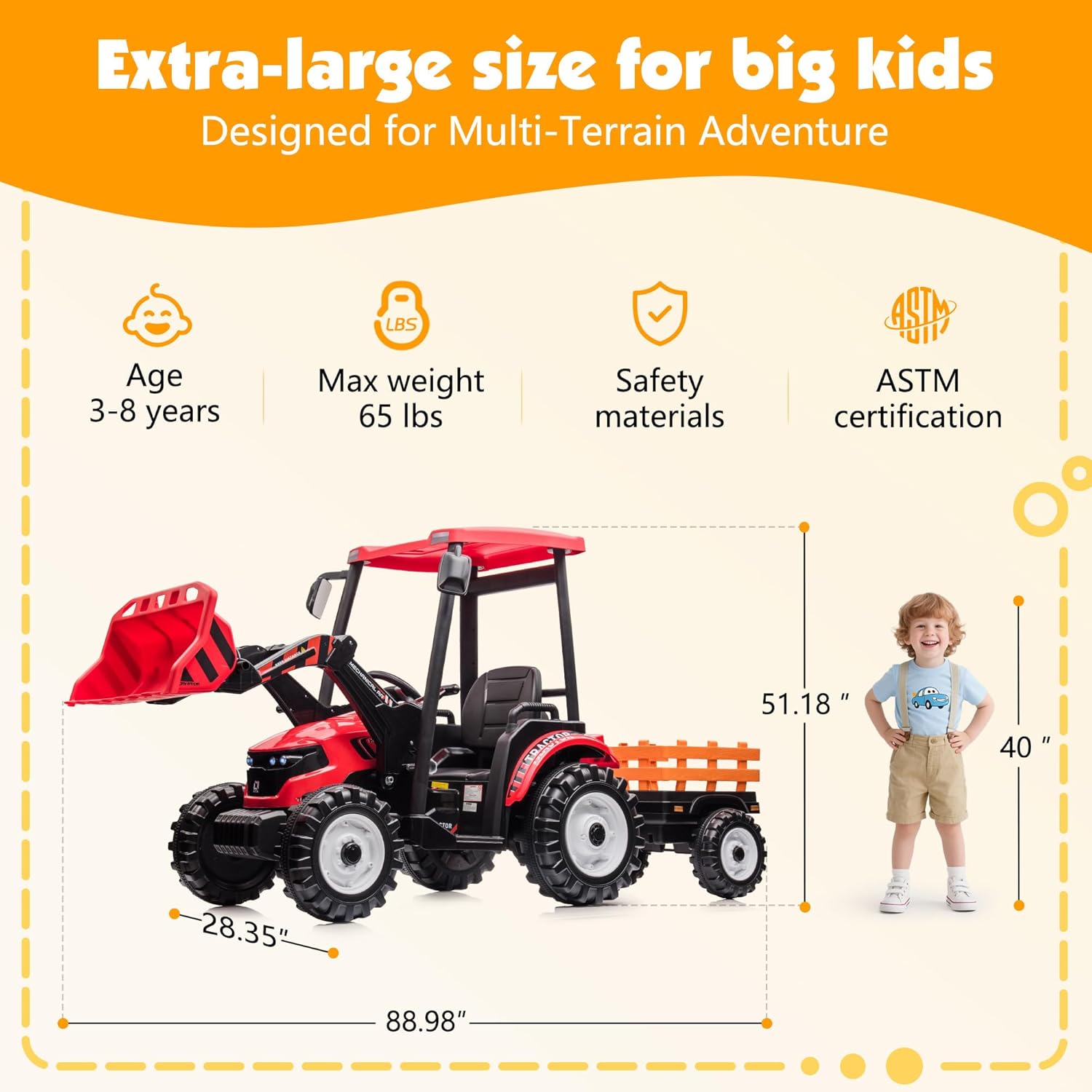 SPECRAFT 24V Kids Tractor with Trailer & Front Loader, 3-in-1 Electric Construction Vehicle with Remote Control, 4-Gearbox, Dual Motors, Metal Frame, Ride-on Toy for Big Kids (Red)