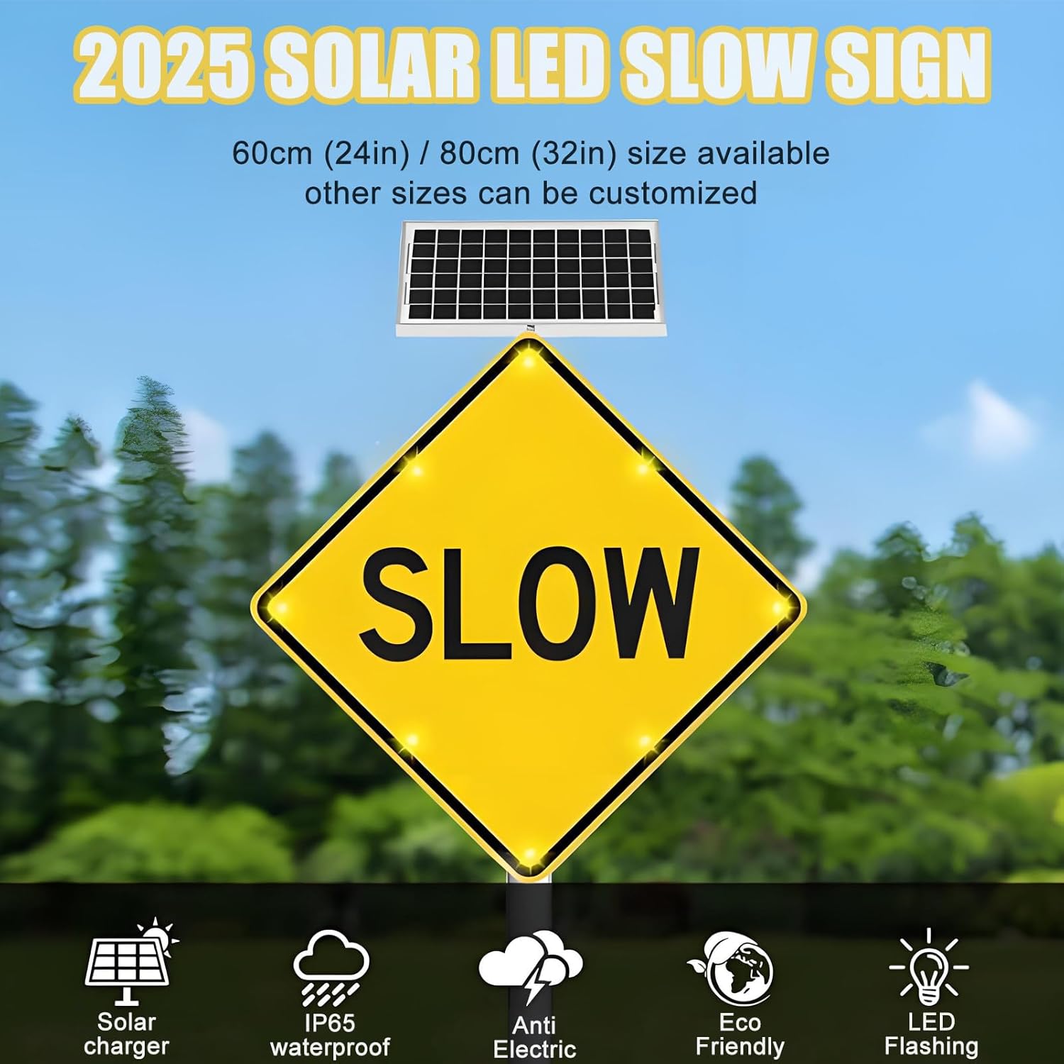 Ultimate Solar LED Stop Sign - Solar-Powered Blinking Traffic Sign with 8 Bright LEDs, 5-Day Backup, Weatherproof, Ideal for School Zones & Road Safety, 24in/60cm
