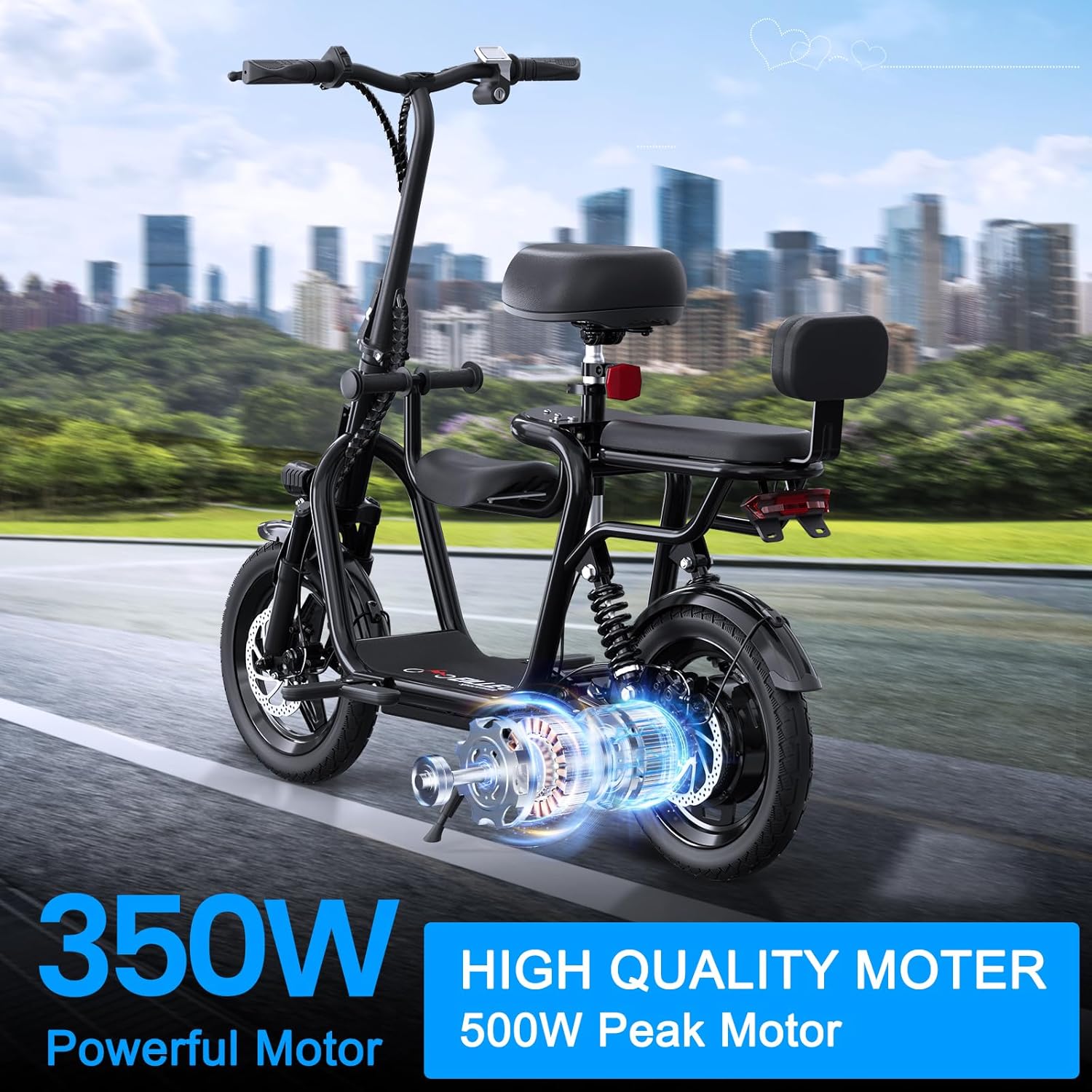 Electric Scooter with 3 Seats for Adults Power by 500W Peak Motor, E Bike with 14
