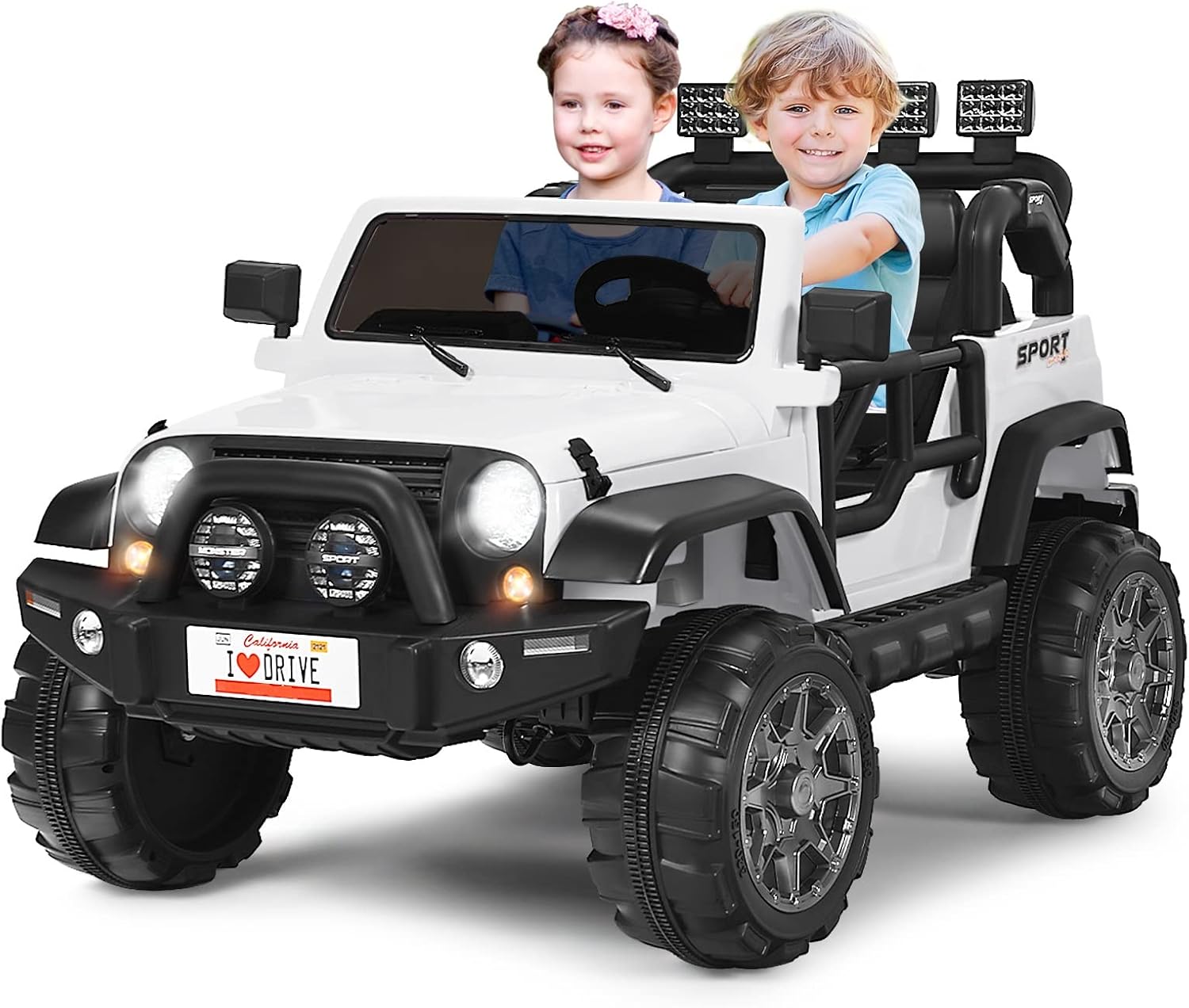 Costzon 2-Seater Ride on Truck, 12V Battery Powered Electric Vehicle Toy w/Storage, Remote Control, 3 Speed, LED Lights, MP3, Horn, Music, 2 Doors Open, Spring Suspension, Ride on Car for Kids(White)
