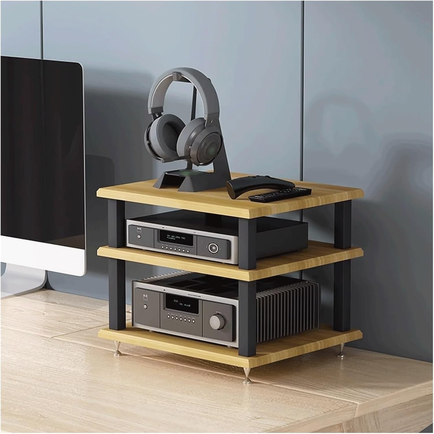 PZEOB Audio Rack Tower Media Stand Movable Desktop Stereo Stands Open CD Record Player Stereo Cabinet for Home Audio-Video Shelving(Natural